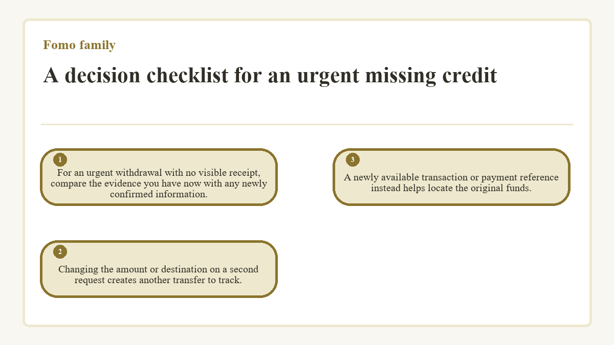 A decision checklist for an urgent missing credit: For an urgent withdrawal with no visible receipt, compare the evidence you have now with any newly confirmed information.; Changing the amount or destination on a second request creates another transfer to track.; A newly available transaction or payment reference instead helps locate the original funds.