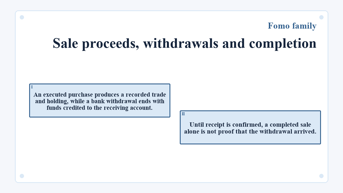 Sale proceeds, withdrawals and completion: An executed purchase produces a recorded trade and holding, while a bank withdrawal ends with funds credited to the receiving account.; Until receipt is confirmed, a completed sale alone is not proof that the withdrawal arrived.