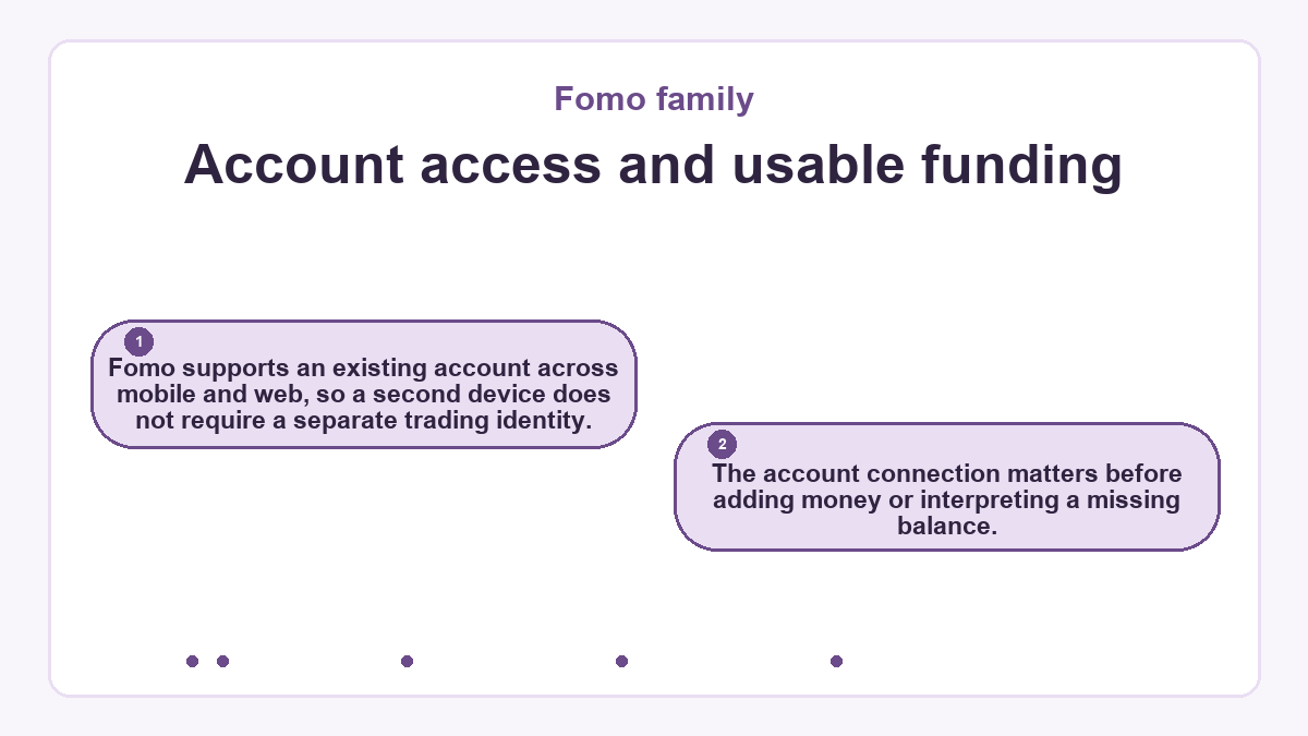 Account access and usable funding: Fomo supports an existing account across mobile and web, so a second device does not require a separate trading identity.; The account connection matters before adding money or interpreting a missing balance.